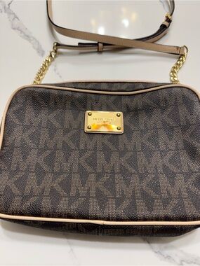 Michael Kors Brown Logo Crossbody with Cream Trim and Gold Plate